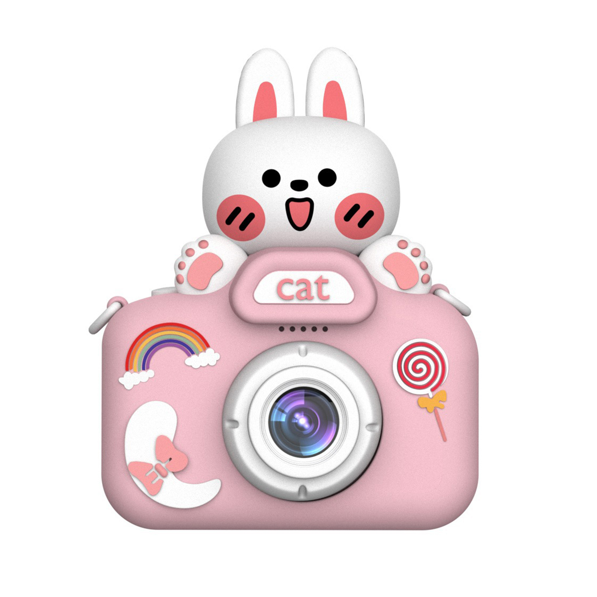 Różowy aparat zabawkowy z uszami królika i naklejką z tęczą.