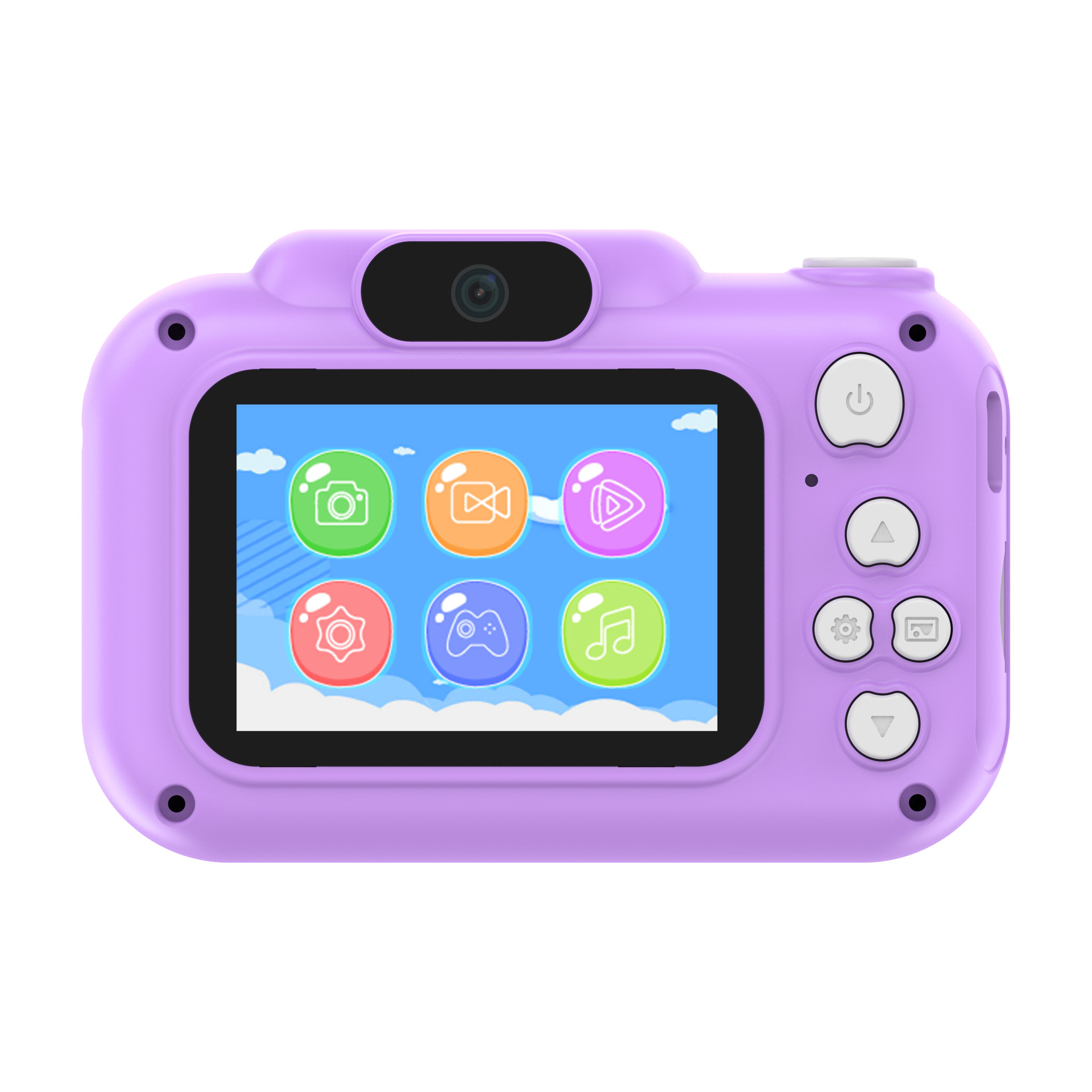 Eine lila Kinderkamera mit einem Bildschirm, der App-Symbole anzeigt, wird auf weißem Hintergrund gezeigt.