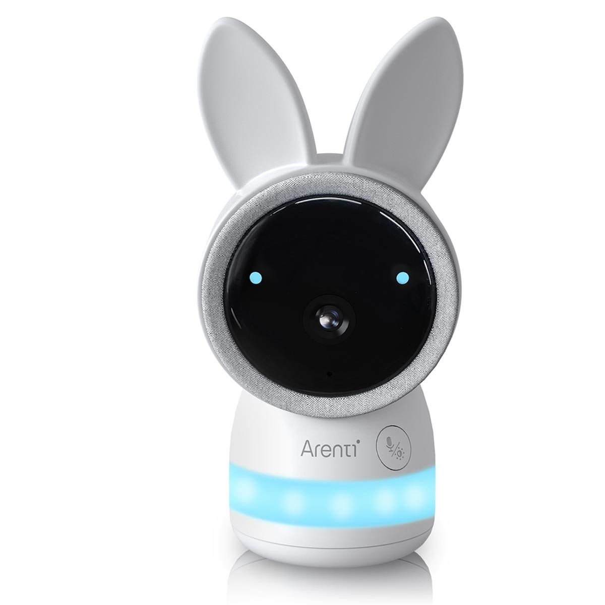 Ein weißer, hasenförmiger Babyphone mit blauen Lichtern und einem Kameraobjektiv.
