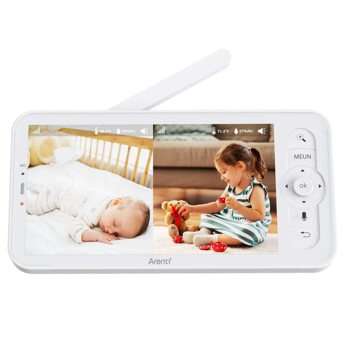 Babyphone mit einem schlafenden Baby im Kinderbett und einem spielenden Mädchen. Der Monitor hat einen weißen Rahmen.