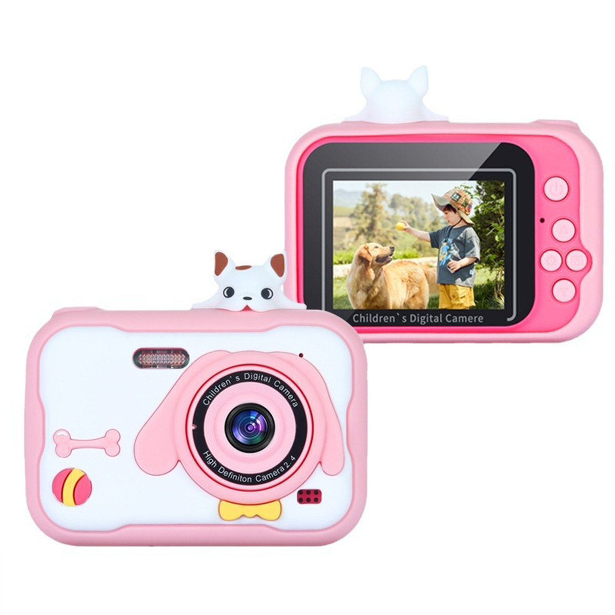 Różowy aparat cyfrowy dla dzieci. Aparat ma kształt psa i pokazuje chłopca z psem.