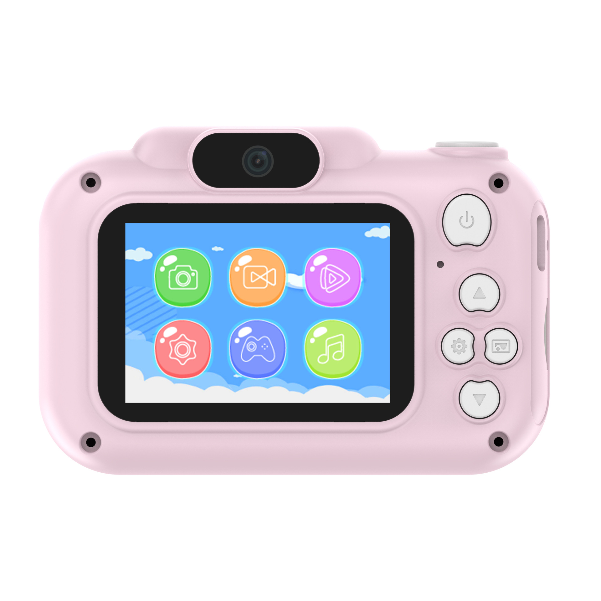Różowy aparat dla dzieci z ekranem pokazującym ikony, otoczony przyciskami.