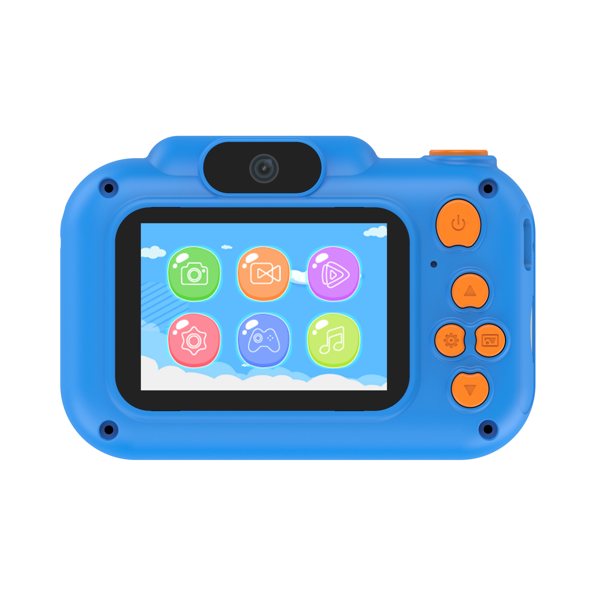 Blaue Kinderkamera mit LCD und Knöpfen. Enthält Symbole für verschiedene Modi und eine orangefarbene Einschalttaste.