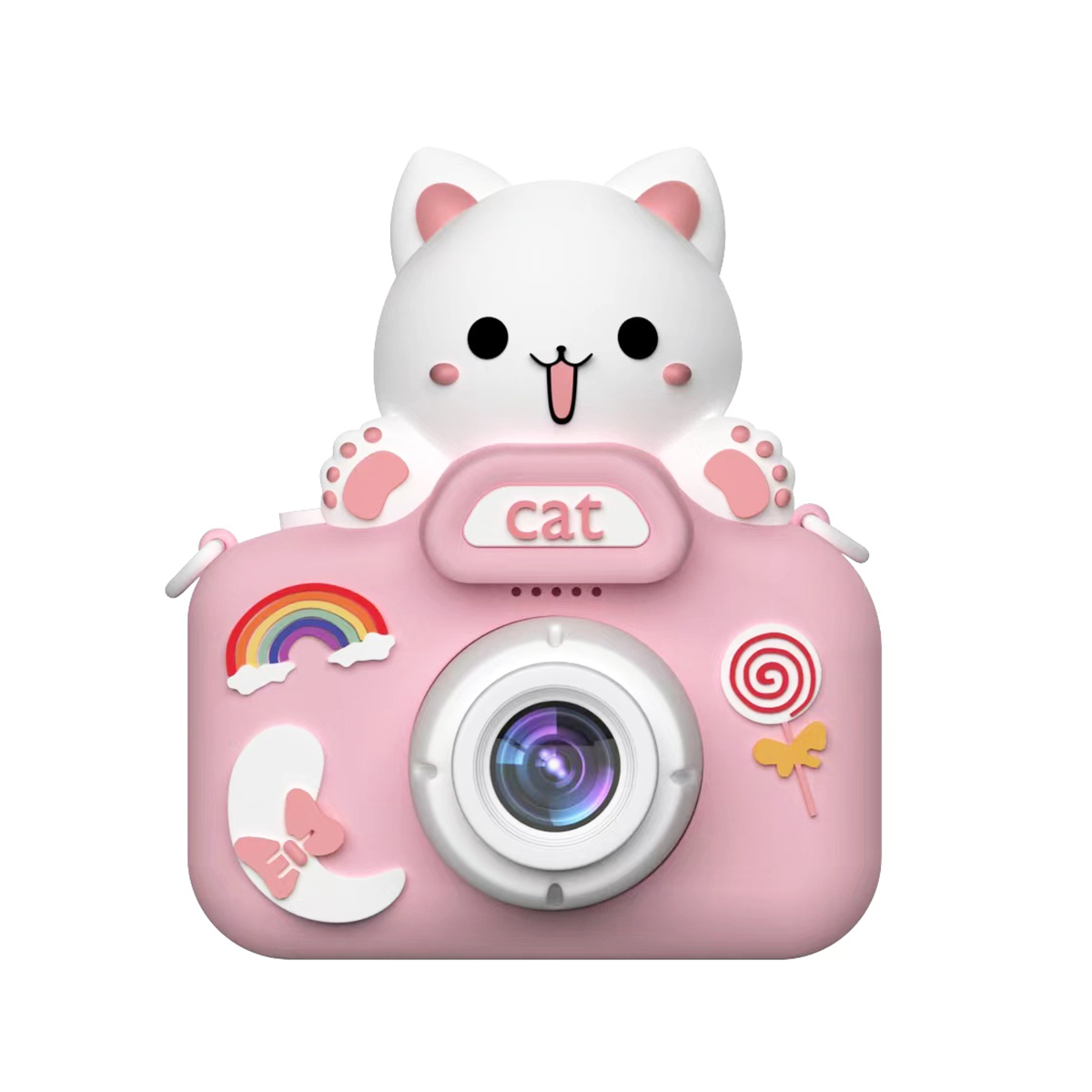 Różowy aparat w kształcie kota z tęczą i lizakiem. Białe tło.