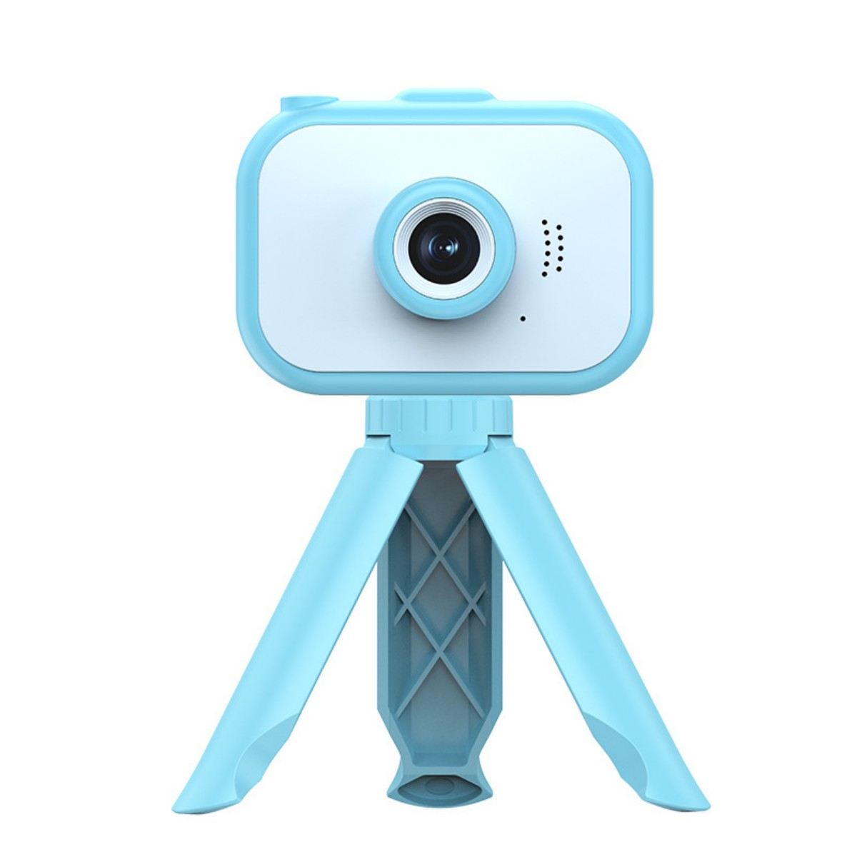 Mała, jasnoniebieska kamera na pasującym statywie. Kamera ma obiektyw i otwory na mikrofon.