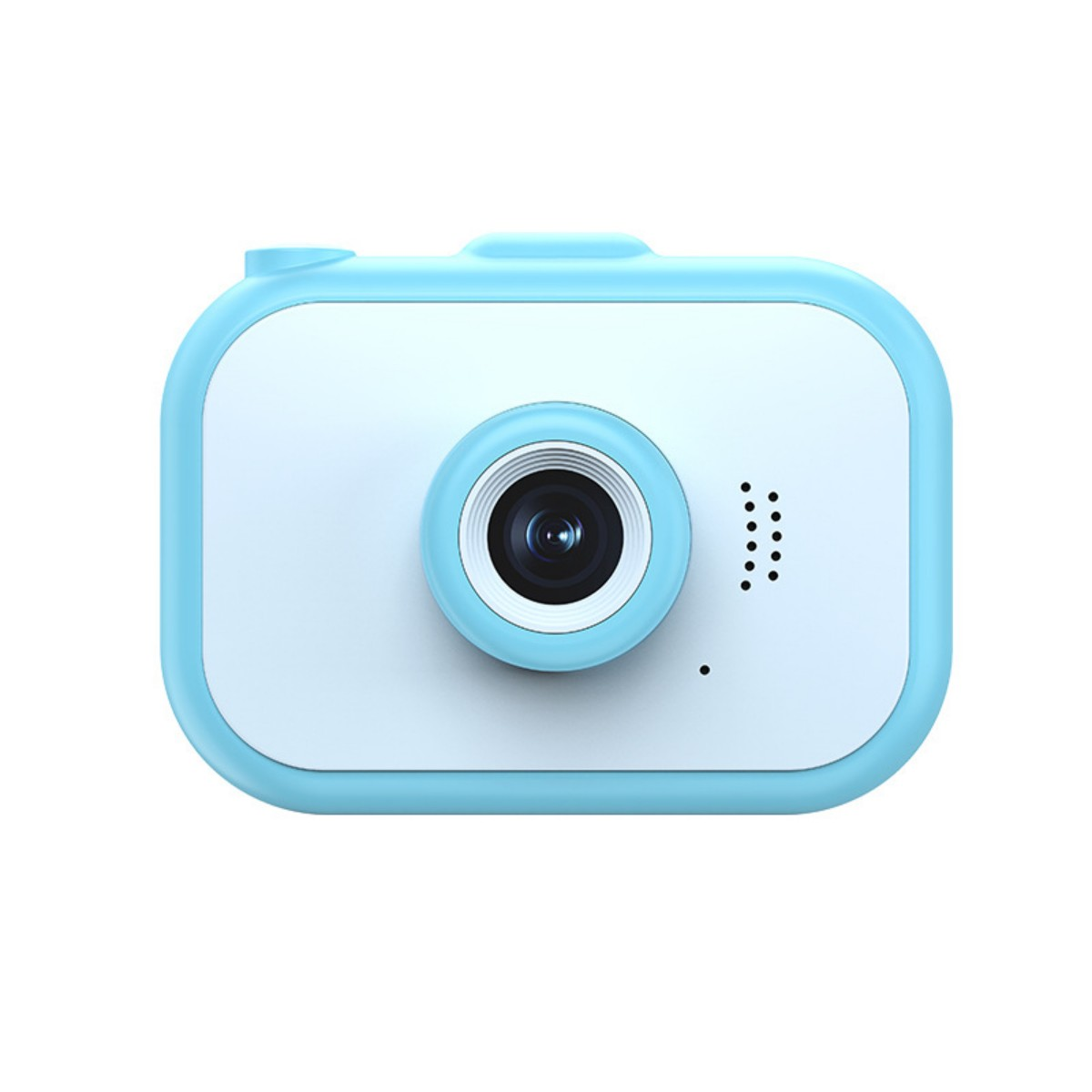 Jasnoniebieski i biały aparat zabawkowy z przednim obiektywem i przyciskami, na białym tle.