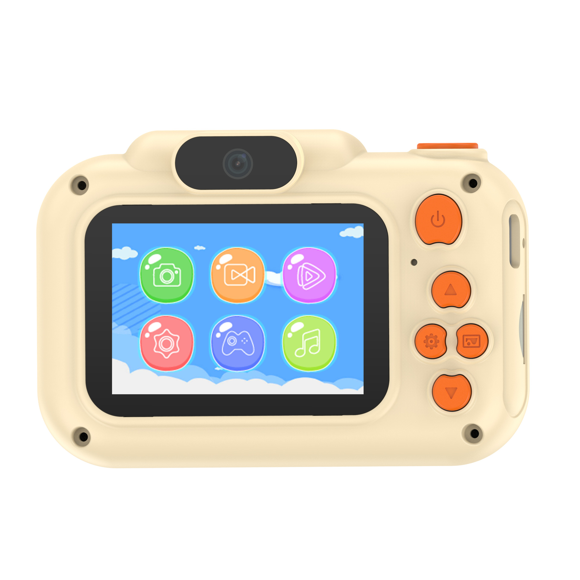 Kremowy aparat dla dzieci z przyciskami i ekranem z ikonami. Aparat jest w jasnobeżowym kolorze.