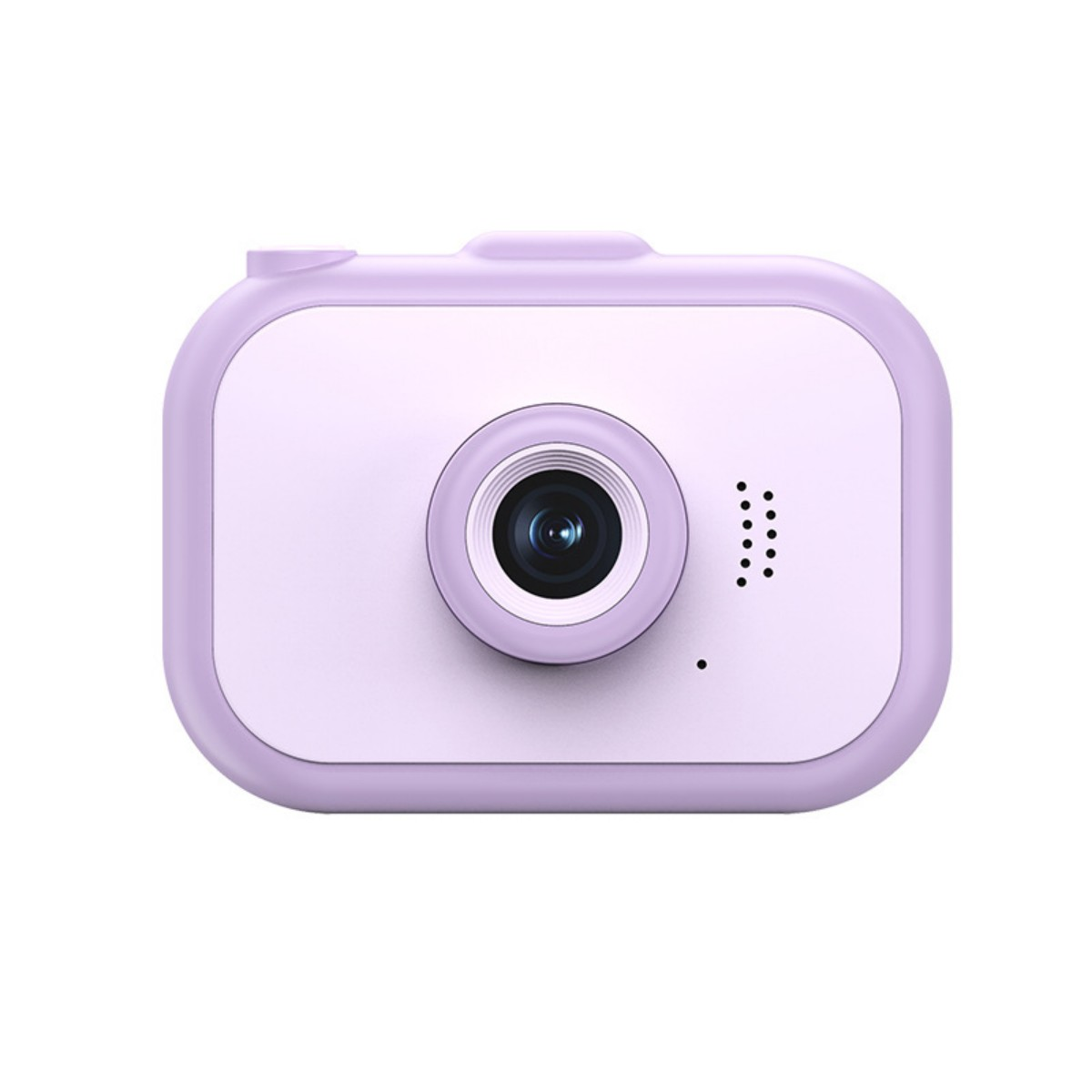 Mały, kwadratowy, lawendowy aparat z obiektywem i lampą błyskową. Ma prosty, zaokrąglony kształt.