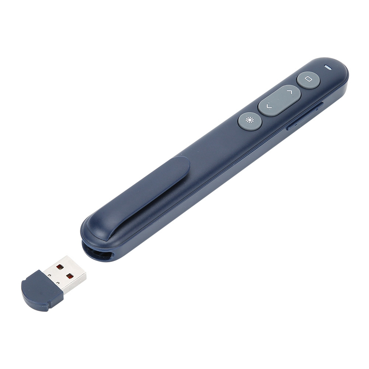 Eine dunkelblaue Präsentationsfernbedienung mit USB-Dongle, Navigationstasten und Laserpointer.