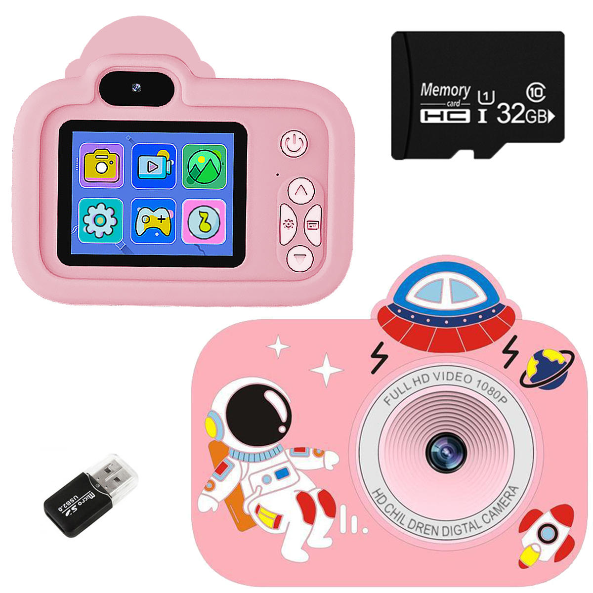 Różowe aparaty zabawki, karta SD i adapter USB. Jeden aparat przedstawia astronautę.