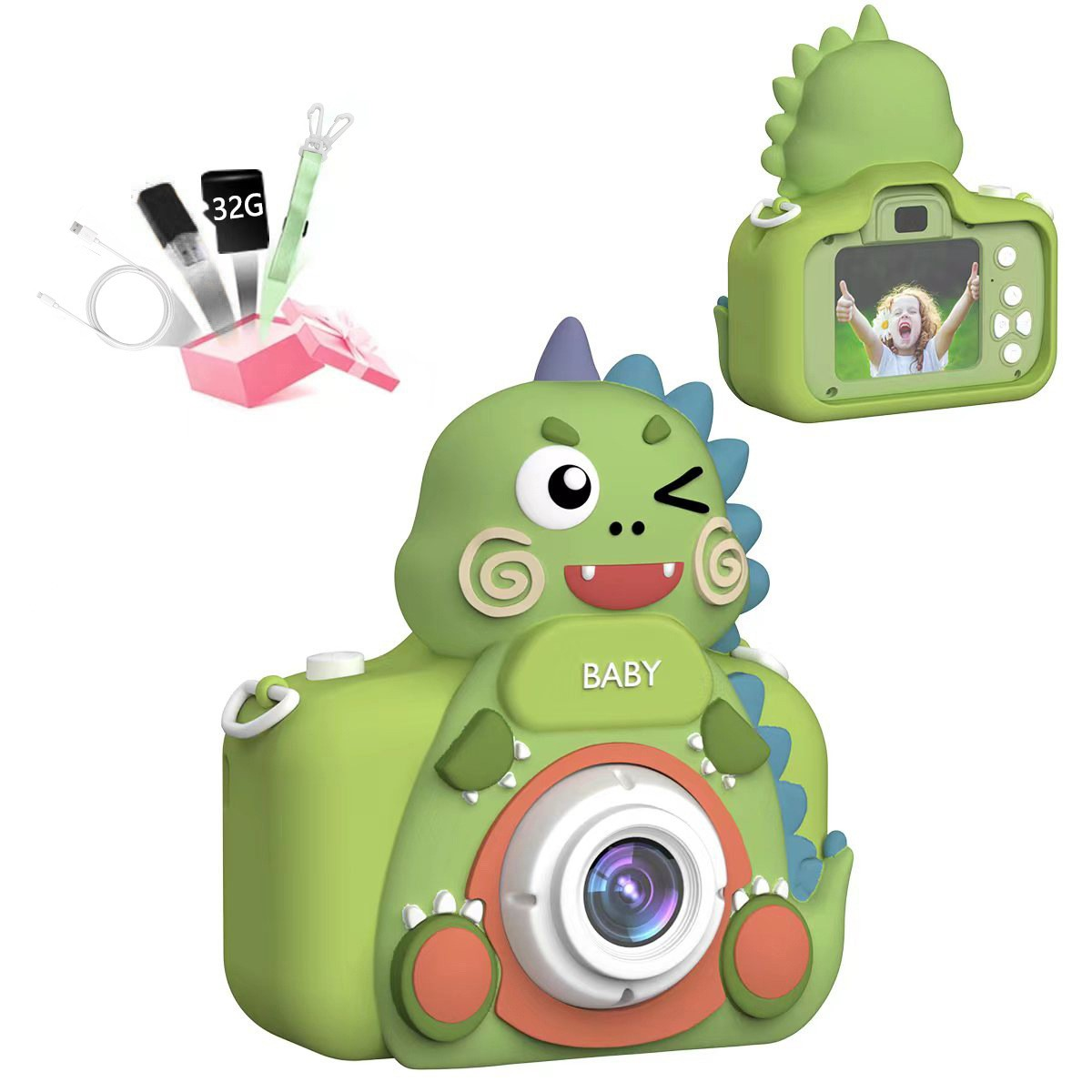 Zielony aparat w kształcie dinozaura z akcesoriami. Obraz dziewczyny na ekranie. Białe tło.