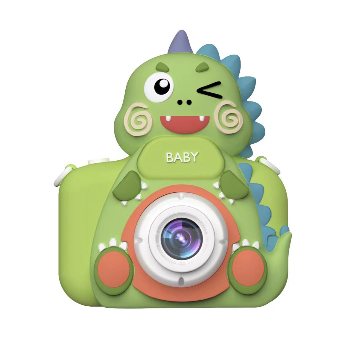 Zielony aparat w kształcie dinozaura z białą soczewką. Tło jest białe.