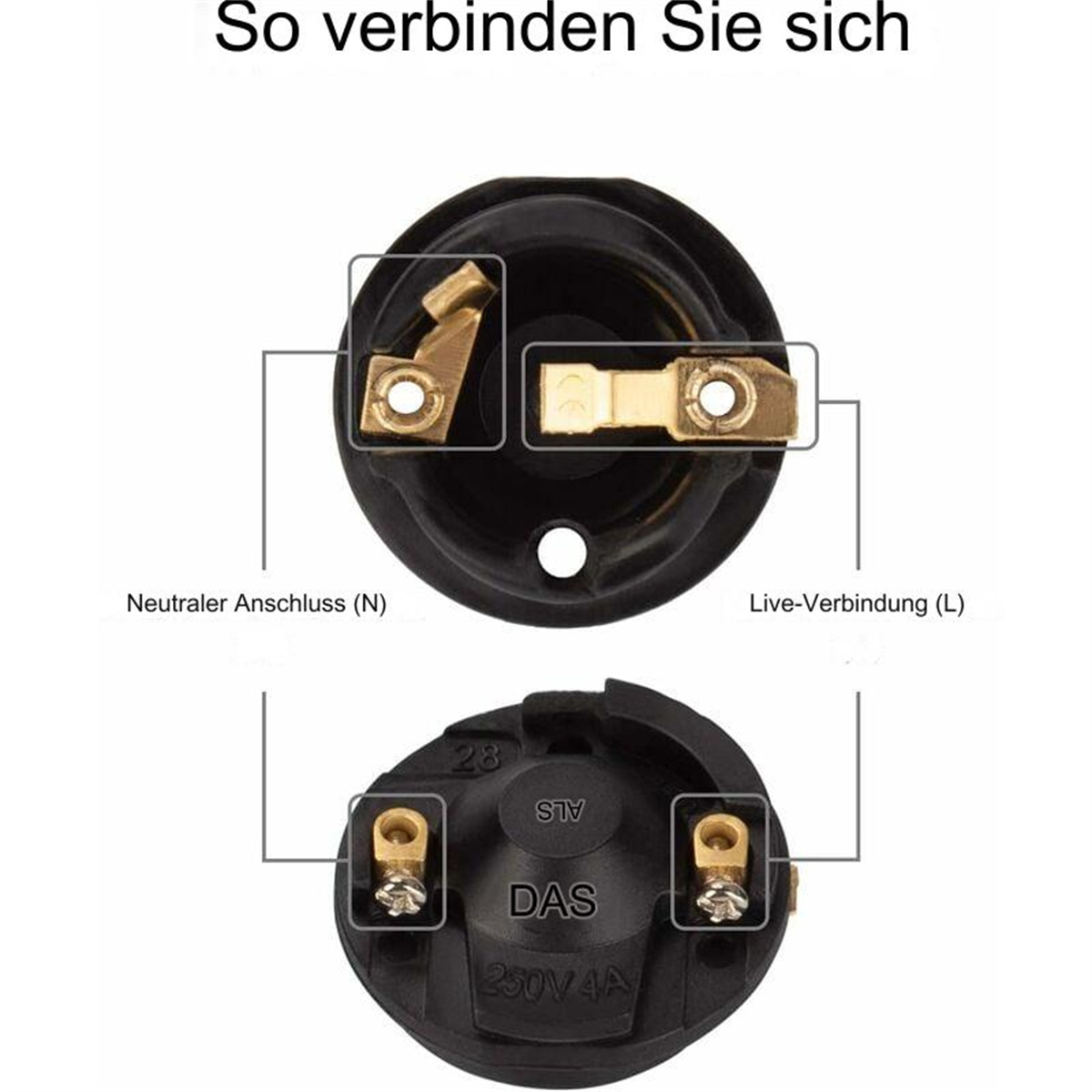 Zwei elektrische Anschlüsse werden mit Etiketten gezeigt. Neutralanschluss und Live-Verbindung sind beschriftet.