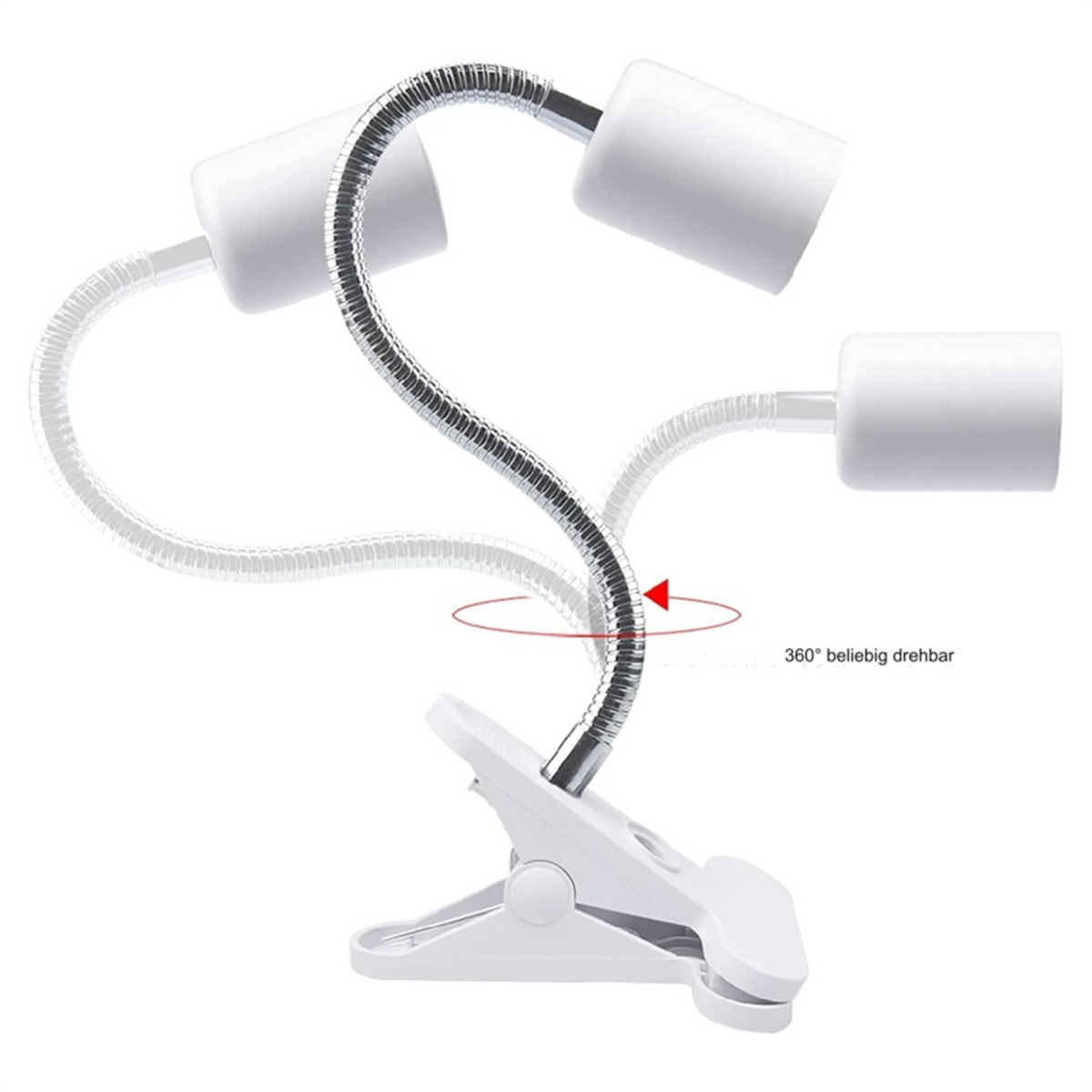 Schwanenhals-Schreibtischlampe mit weißem Sockel und weißen Köpfen. Die Lampe ist flexibel.