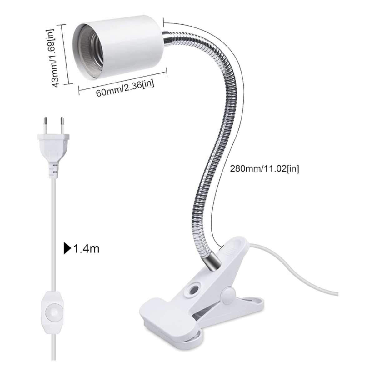 Eine weiße Schreibtischlampe mit flexiblem Arm und Clip-Basis, mit angegebenen Abmessungen.