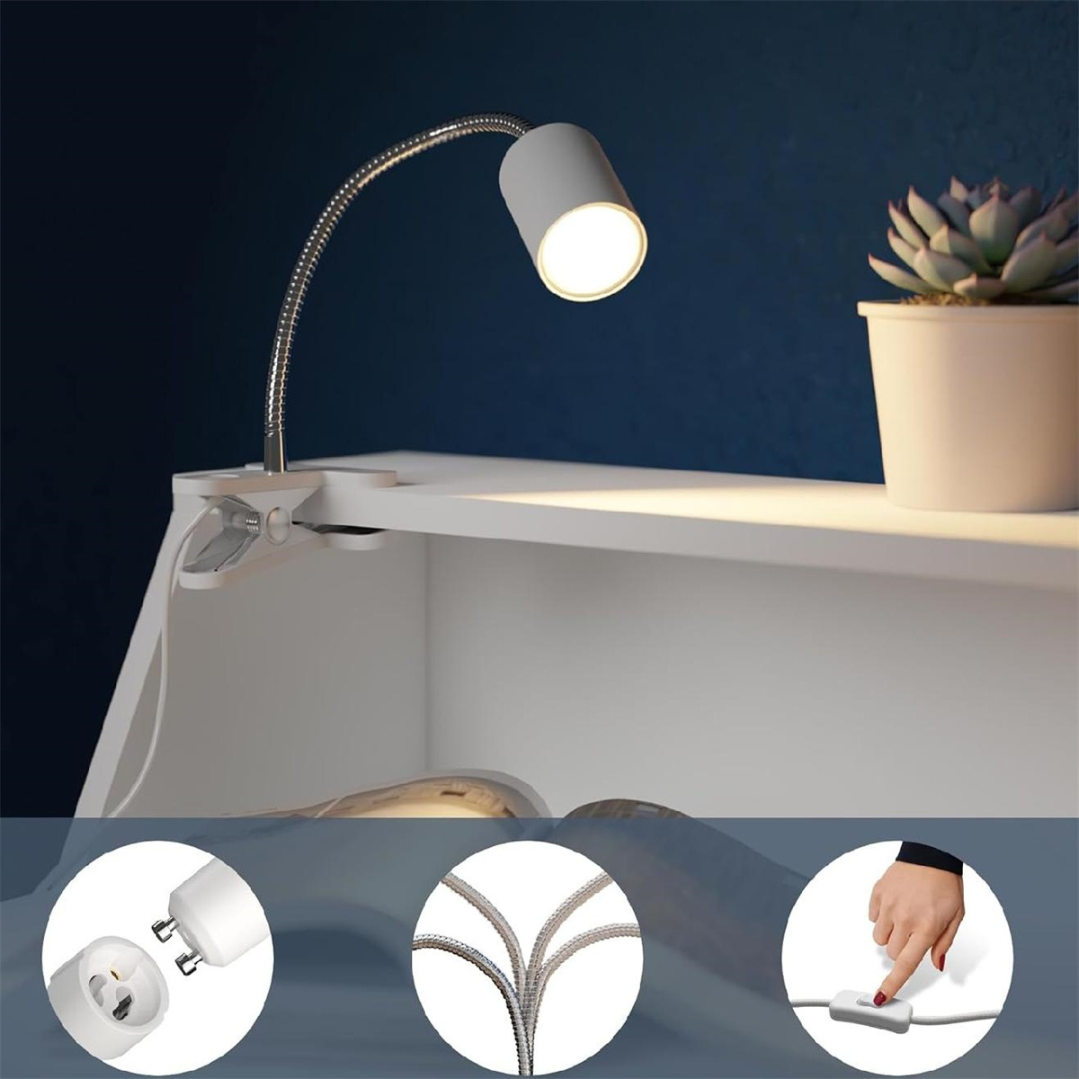 Eine weiße Schreibtischlampe mit flexiblem Hals, an einem Regal befestigt, mit Schalter.