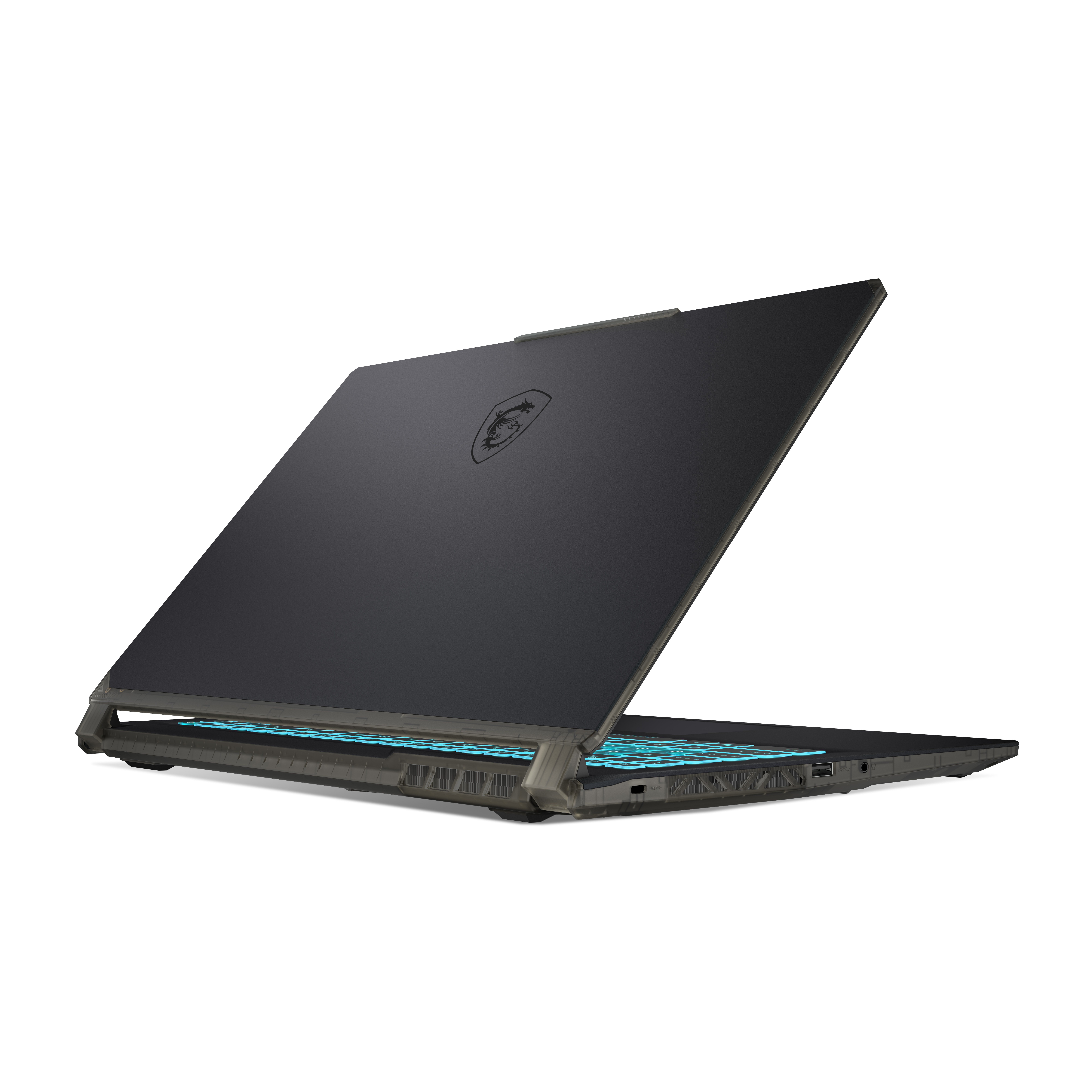 Czarny laptop z lekko otwartą pokrywą, pokazujący klawiaturę z niebieskimi światłami.