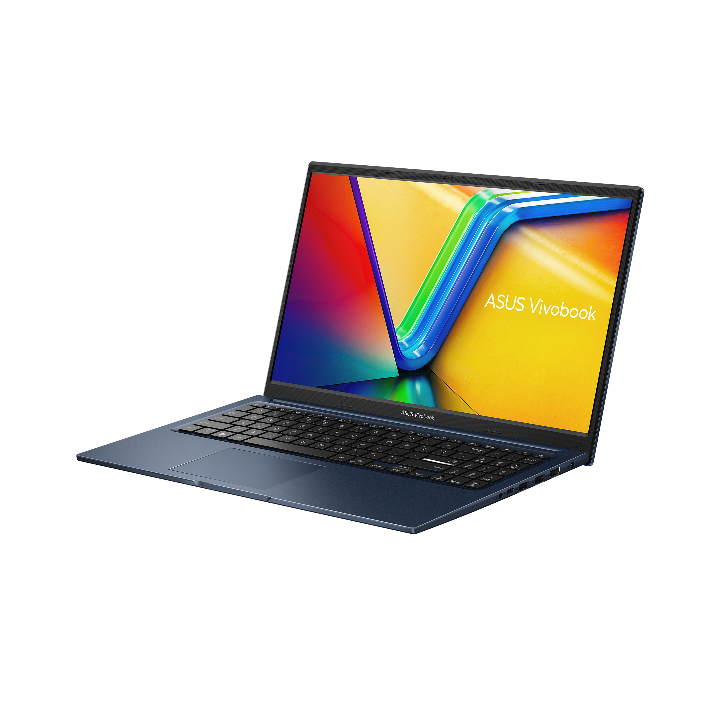Blauwe en zilveren laptop met een scherm dat een kleurrijke afbeelding weergeeft, open op een tafel.