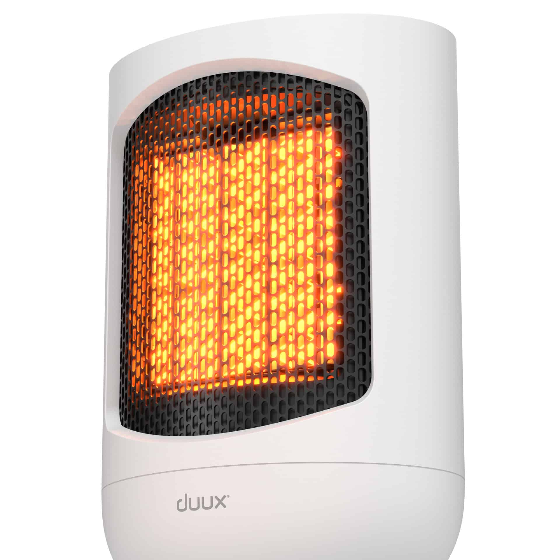 White electric heater with glowing orange interior and black mesh front.