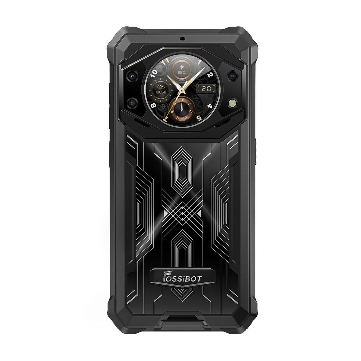 Czarny, wytrzymały smartfon z dużym wypukleniem aparatu. Telefon ma ekran z informacjami o zegarze i baterii.