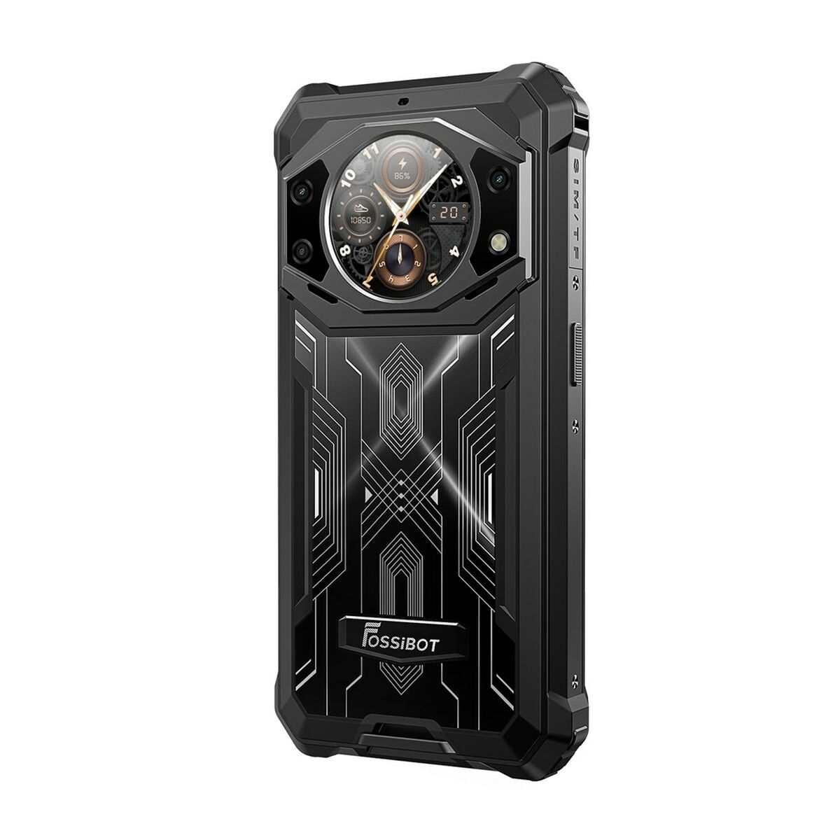 Czarny, wytrzymały smartfon. Posiada obszar aparatu, logo FOSSIBOT i przycisk boczny. Design przemysłowy.