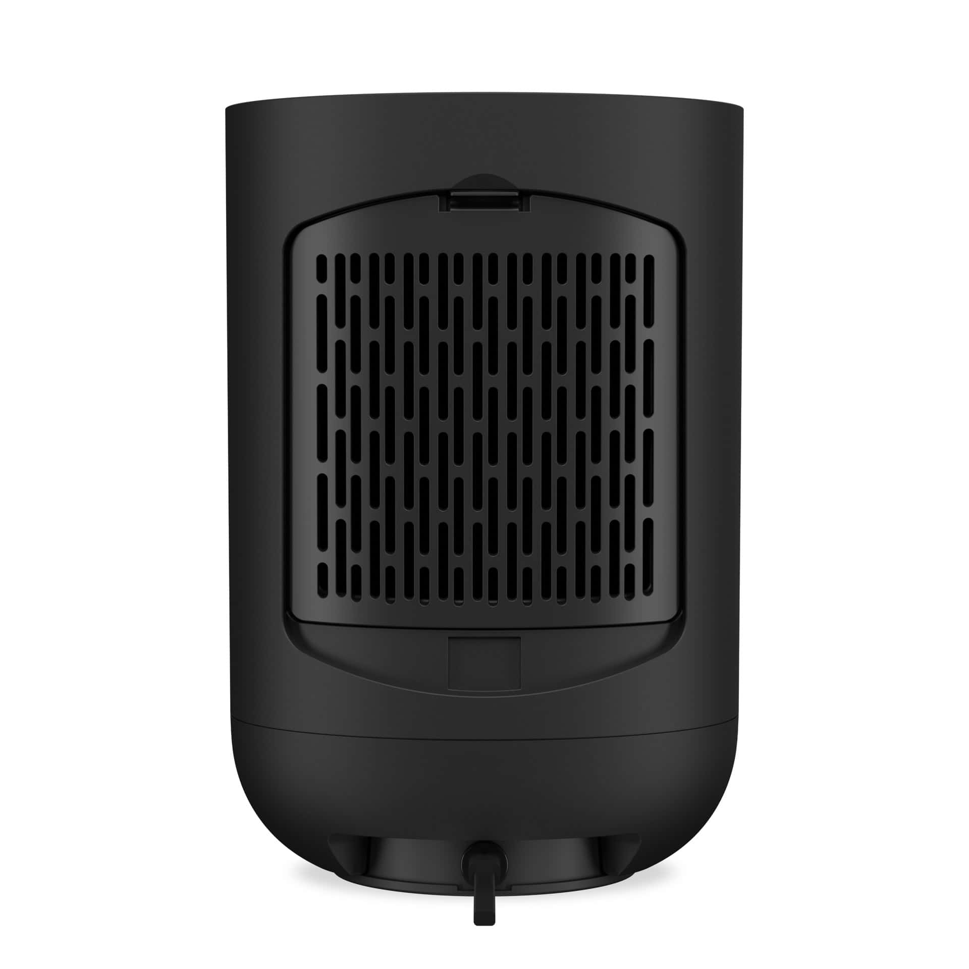 Purificateur d'air noir. Il a des fentes à l'arrière et un cordon d'alimentation en bas.