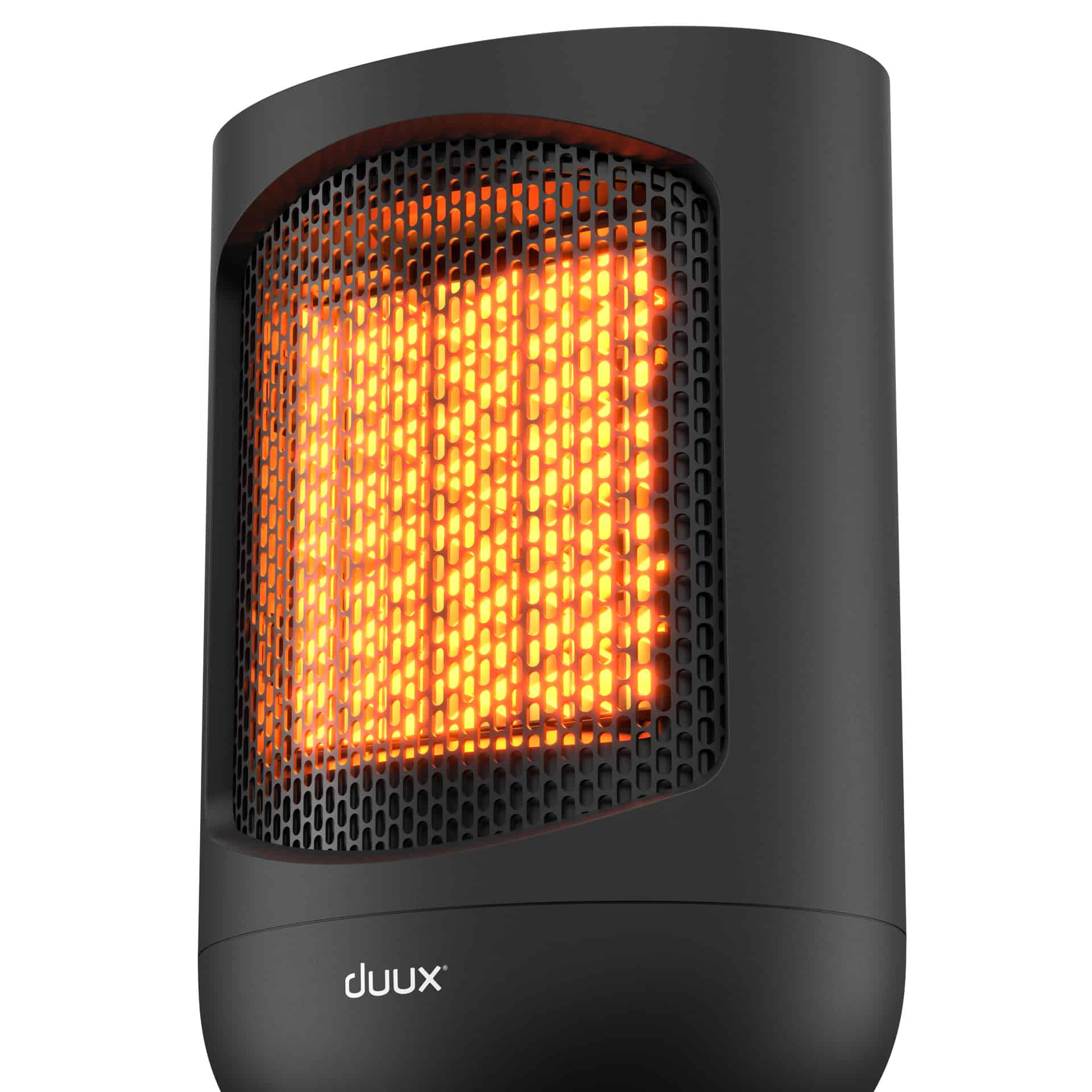 Een zwarte elektrische kachel met een gloeiend oranje paneel. Het bevindt zich in een donkere omgeving.