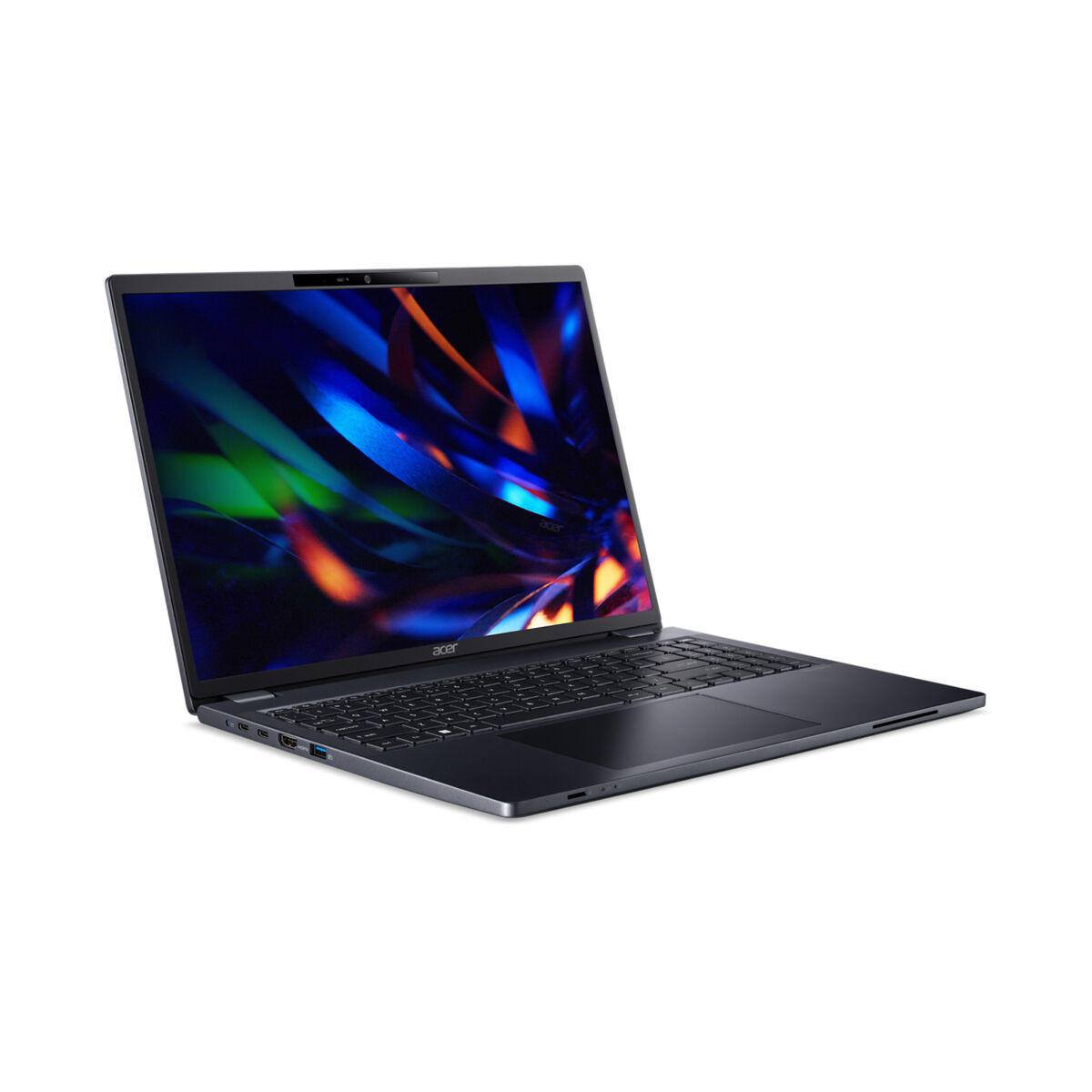Una computadora portátil Acer gris oscuro está abierta sobre un fondo blanco. La pantalla muestra una imagen abstracta colorida. El teclado es visible.