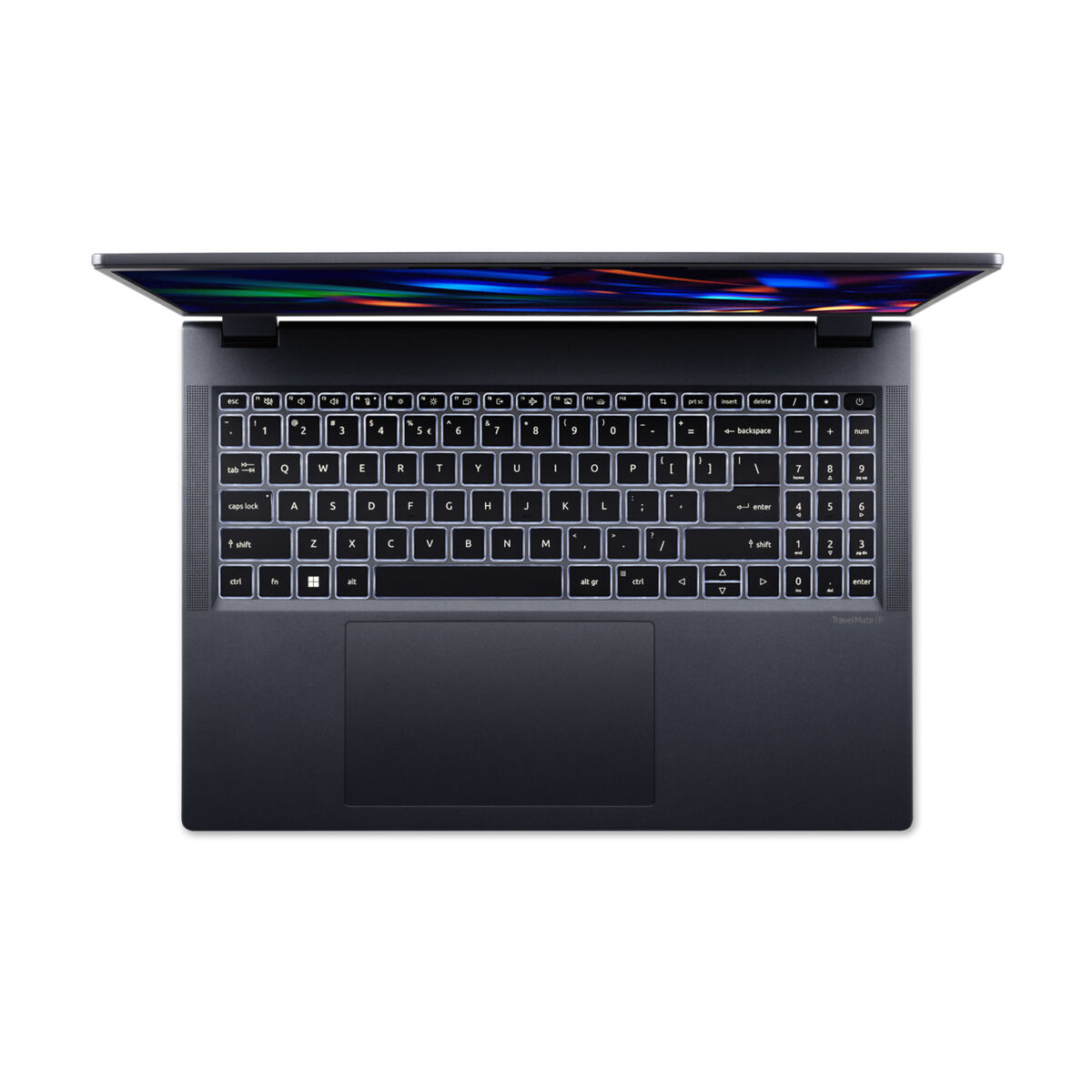Vista superior de un portátil gris oscuro con la pantalla abierta. El teclado está iluminado, mostrando las teclas y el panel táctil debajo. La pantalla está abierta.