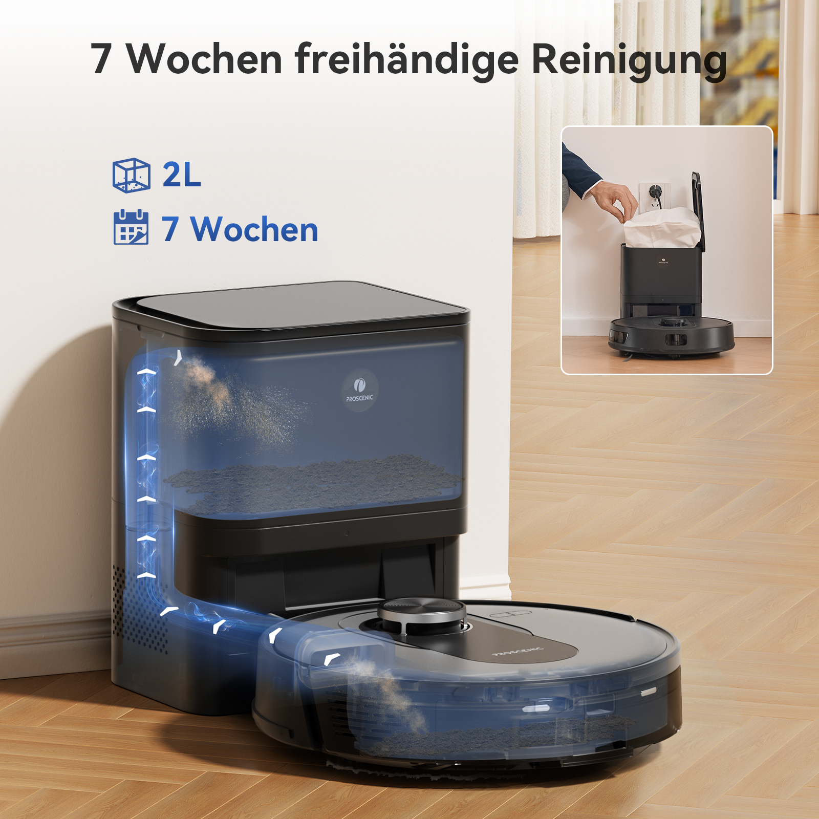Robot porszívó és tisztítóállomás szöveggel és ikonokkal.
