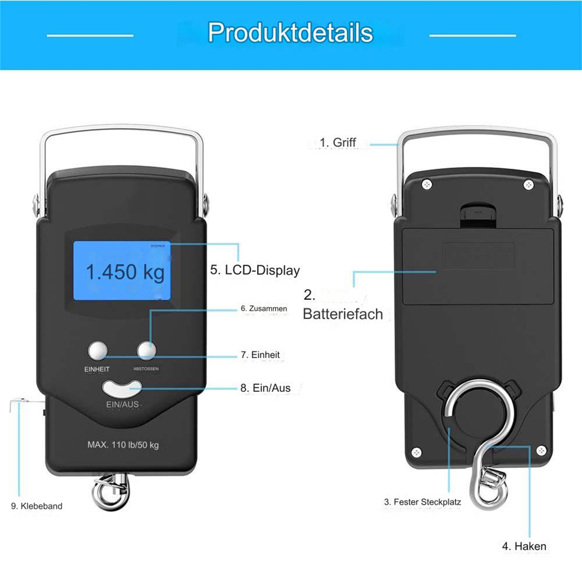 Digitale Waage mit Details. LCD-Anzeige, Tasten und Haken zum Aufhängen.