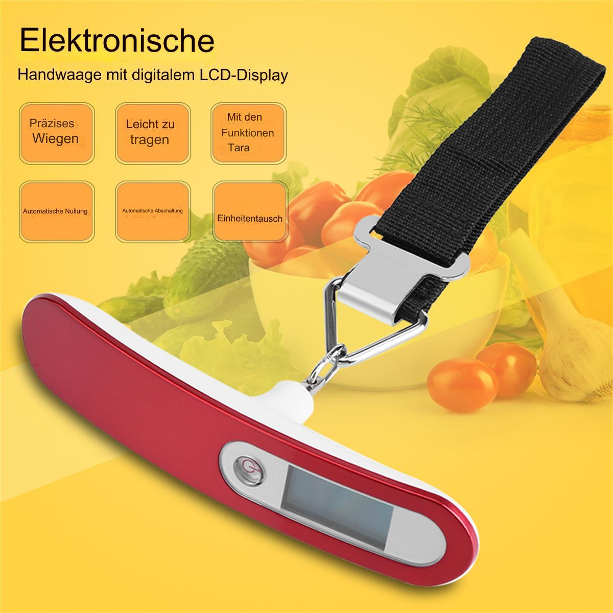 Eine rot-weiße digitale Handwaage mit schwarzem Riemen. Gemüse im Hintergrund.