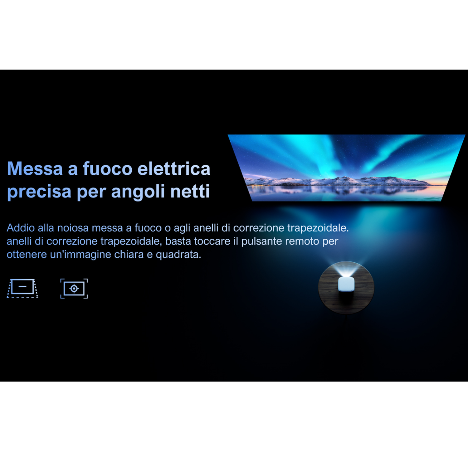 Un piccolo proiettore su un tavolo proietta un'immagine luminosa su uno schermo in un ambiente buio.