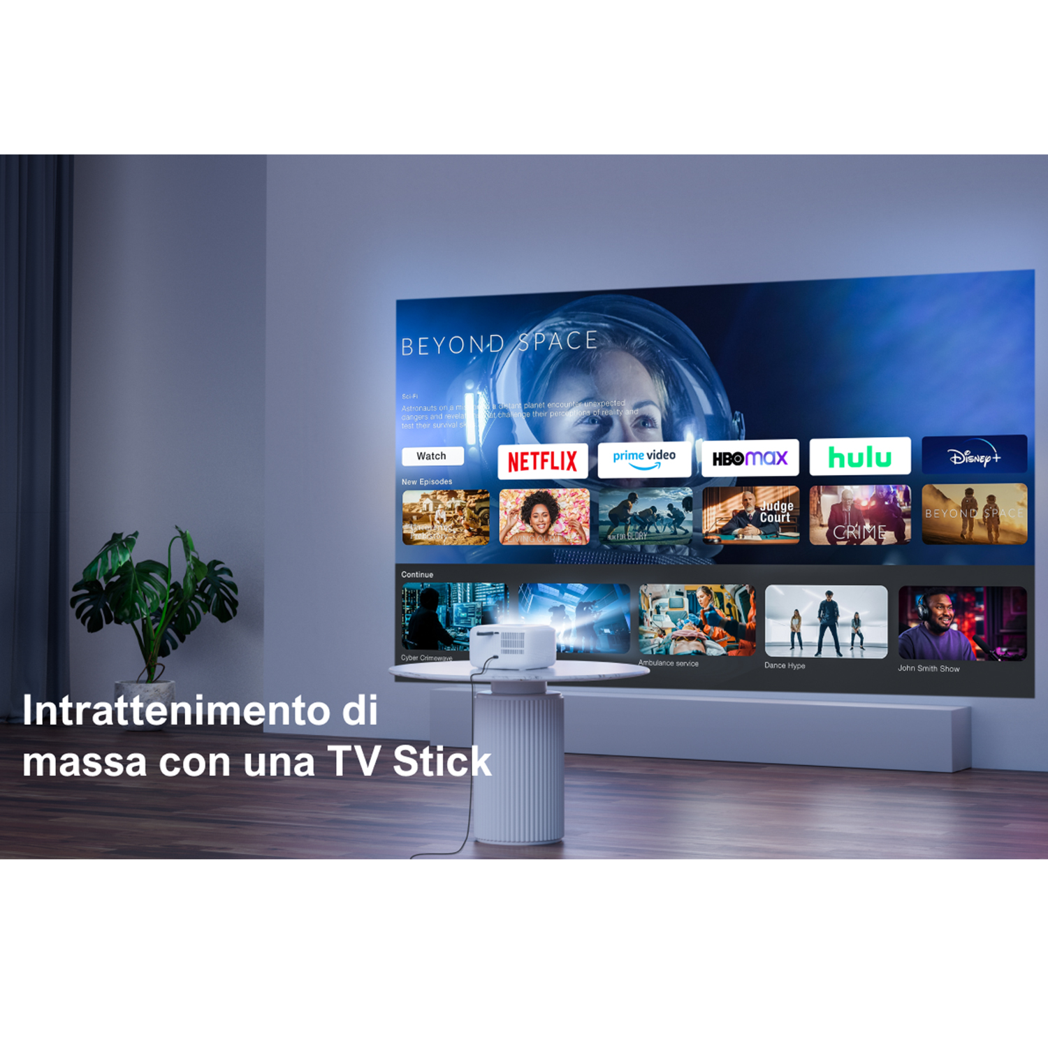 Una TV che mostra servizi di streaming, con un TV stick su un tavolo.