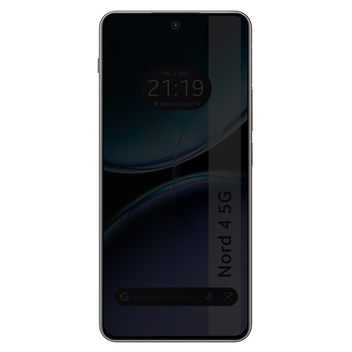 Schermo dello smartphone che mostra ora e posizione. Il telefono è Nord 4 5G.
