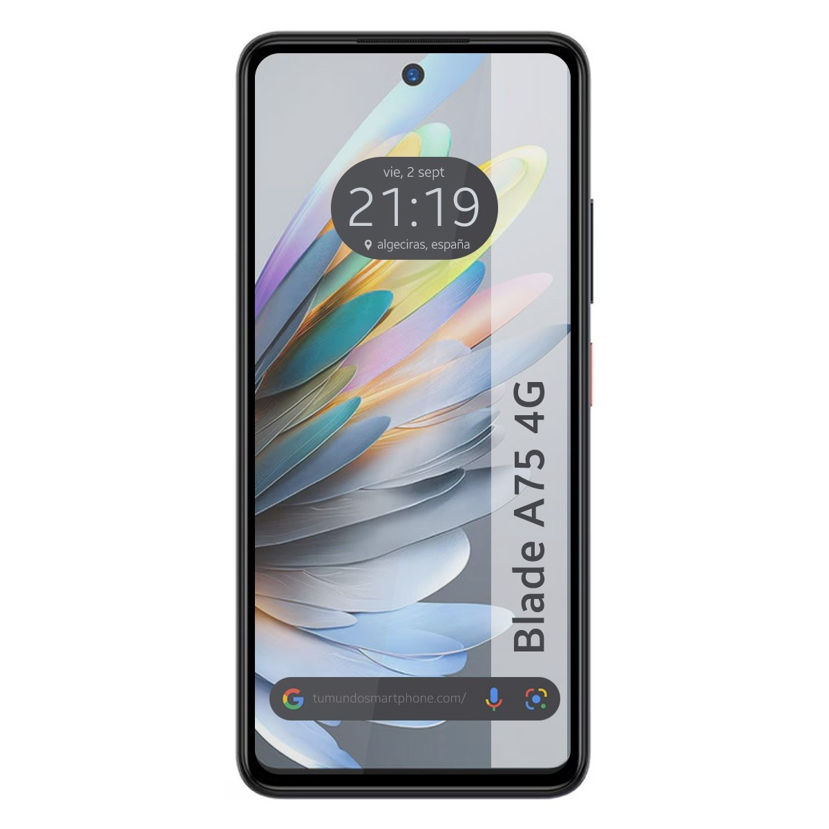 Telefono nero con testo bianco, ora sullo schermo. La custodia mostra un uomo con occhiali da sole.