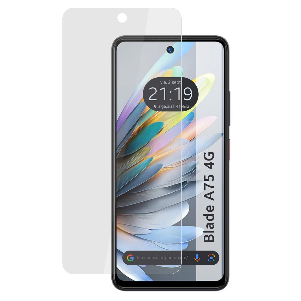 Pellicola protettiva per schermo e telefono che mostra l'ora e il luogo. Il telefono è un Blade A75 4G.