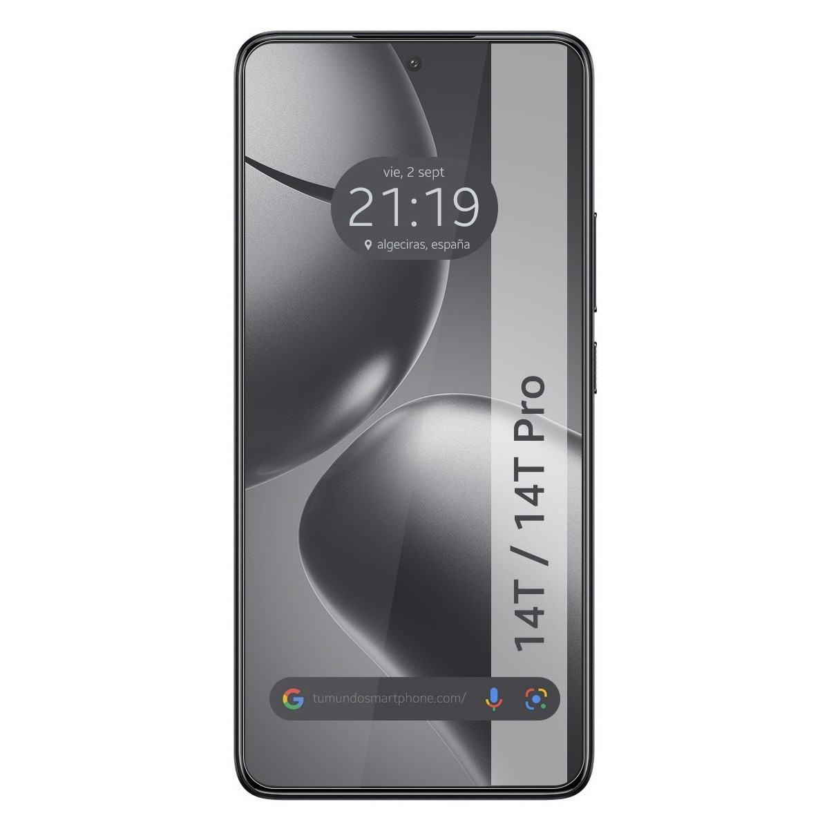 Uno schermo del telefono con uno sfondo in scala di grigi. Lo schermo mostra l'ora e la data.