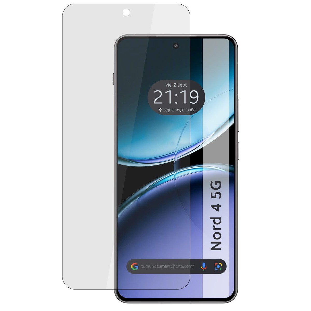 Smartphone con protector de pantalla, mostrando un mapa y la hora 21:19. El teléfono está etiquetado Nord 4 5G.