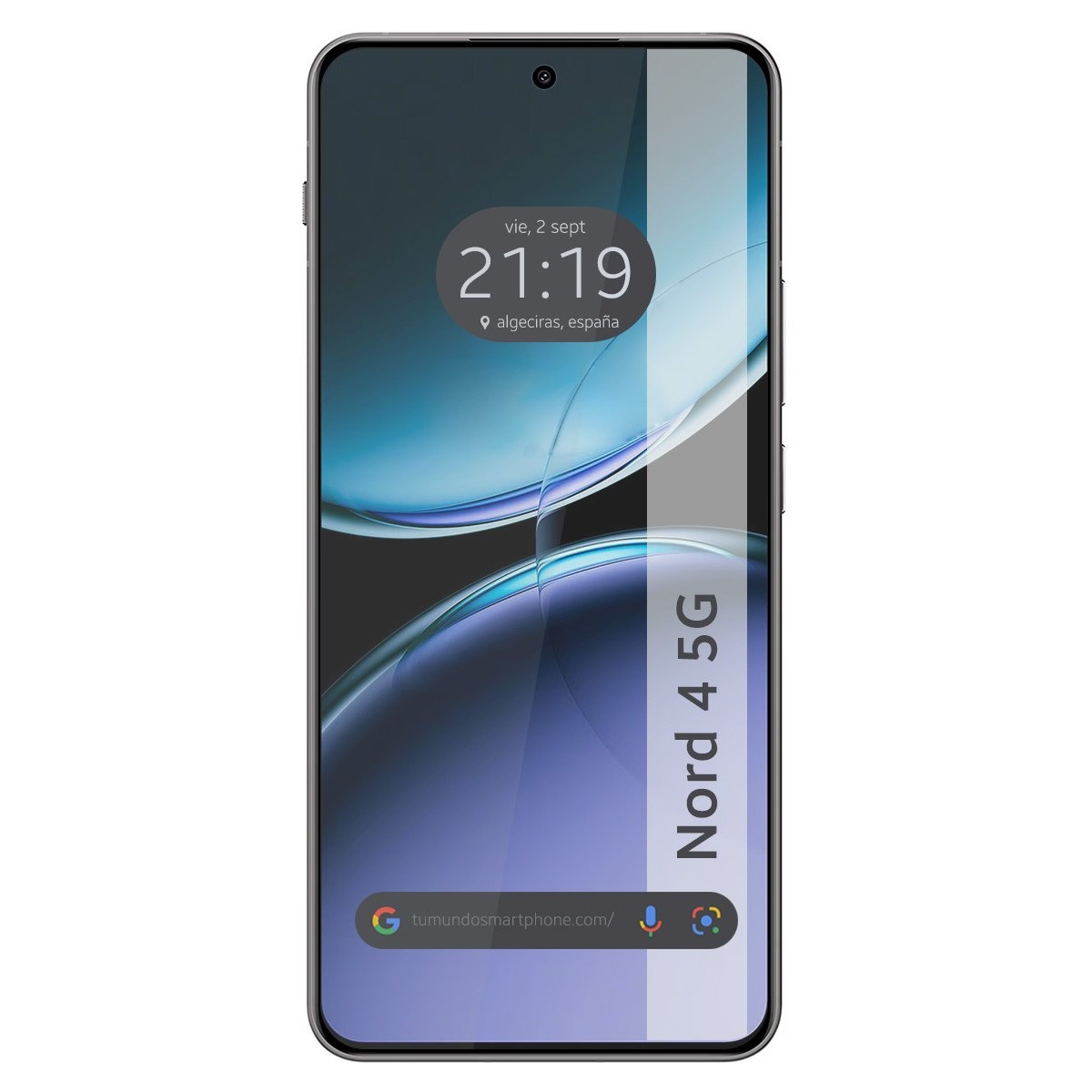 Pantalla de smartphone mostrando fecha y hora, texto Nord 4 5G a la derecha.