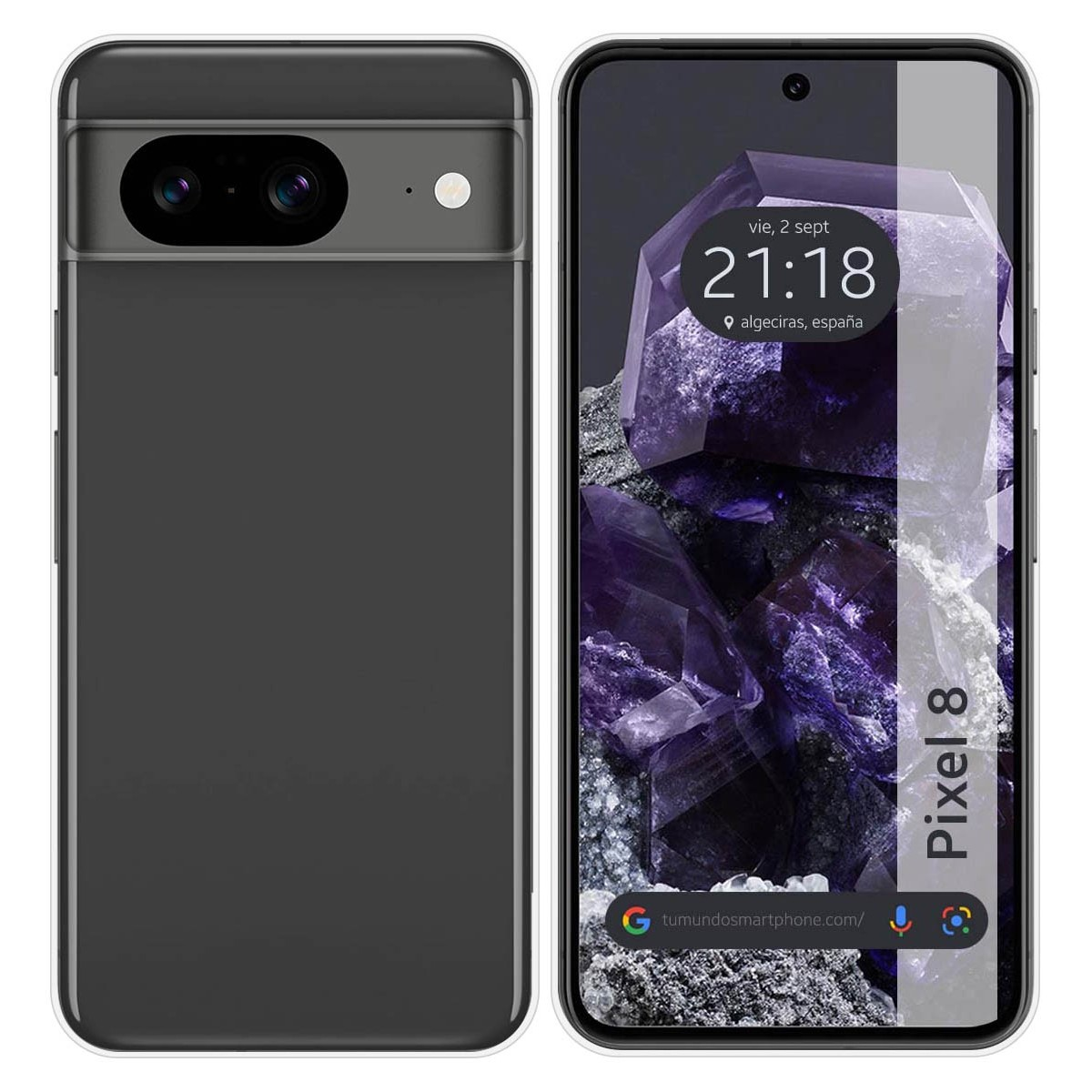 Una custodia per telefono nera e grigia con un design a fotocamera. Lo schermo del telefono è acceso.
