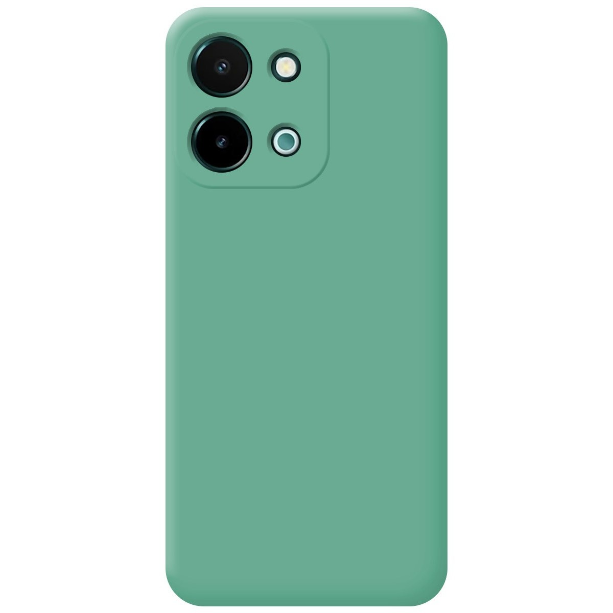 Una custodia per telefono, verde tinta unita, con dettagli della fotocamera.