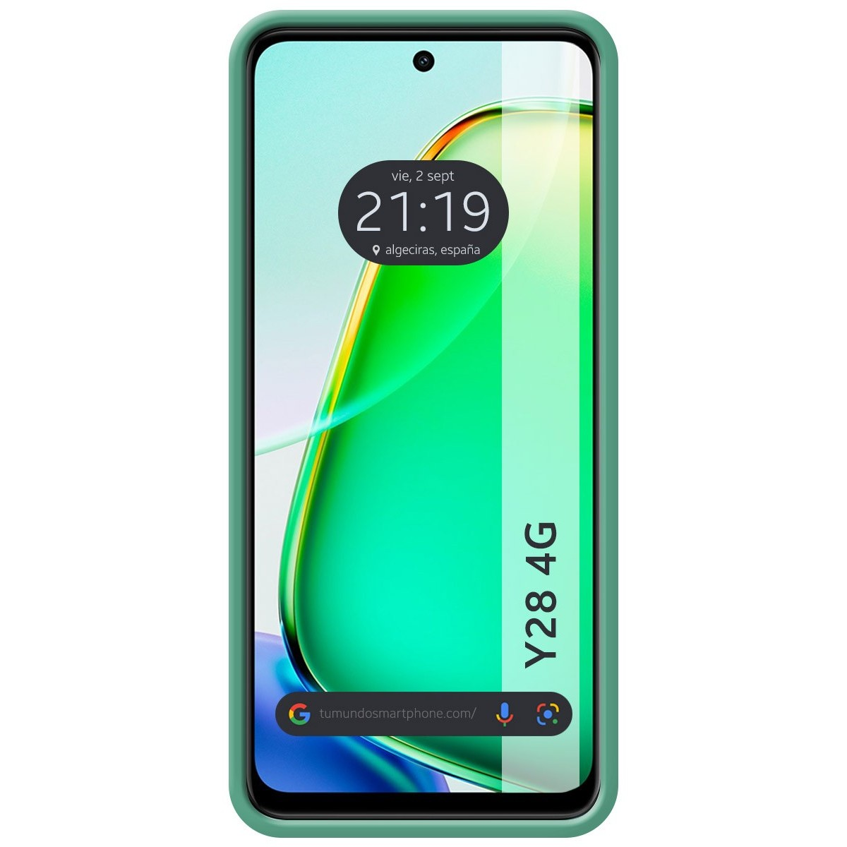 Custodia per telefono verde con un telefono che mostra un orologio sullo schermo.