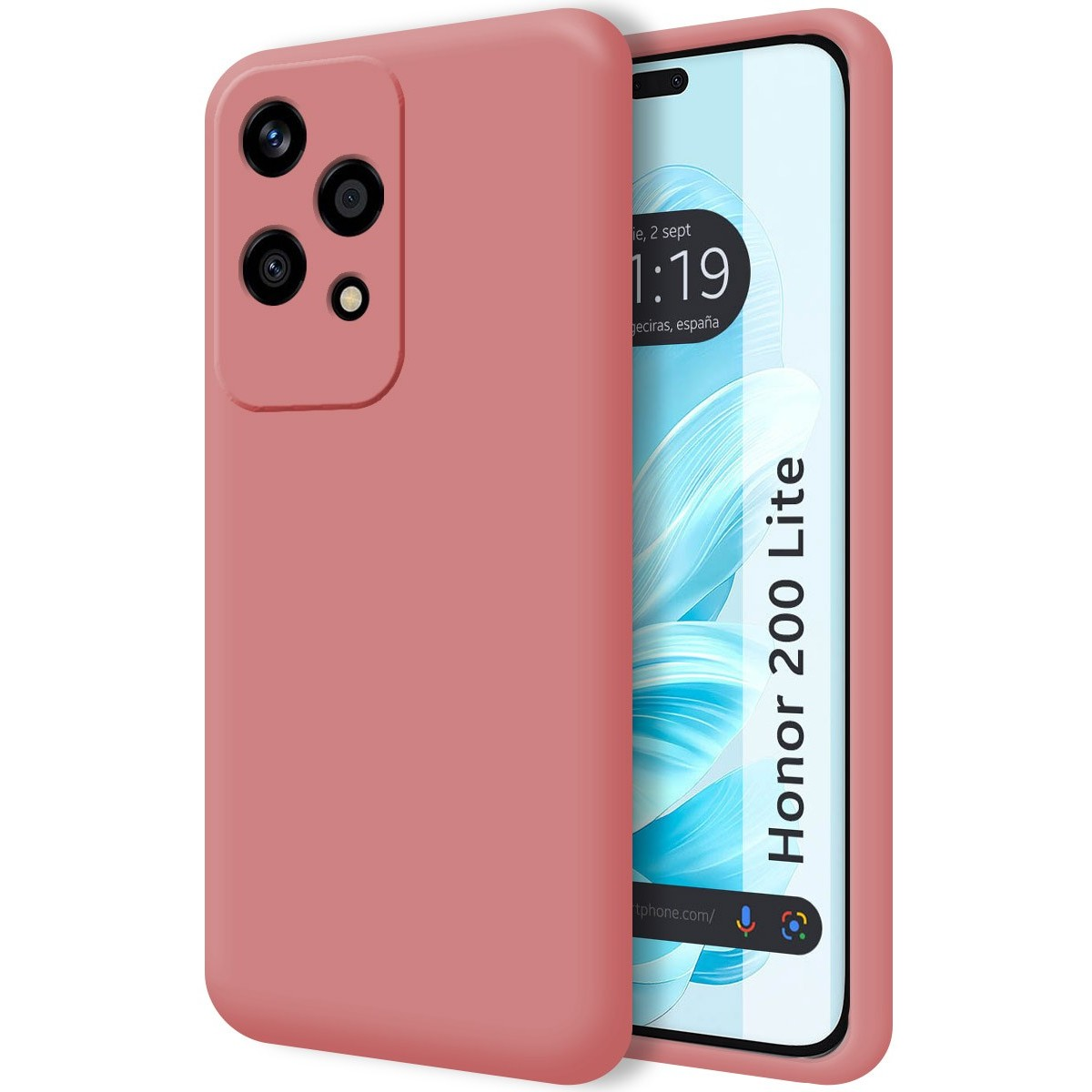Una custodia per telefono rosa con una fotocamera sul lato sinistro. Lo schermo mostra uno sfondo azzurro.