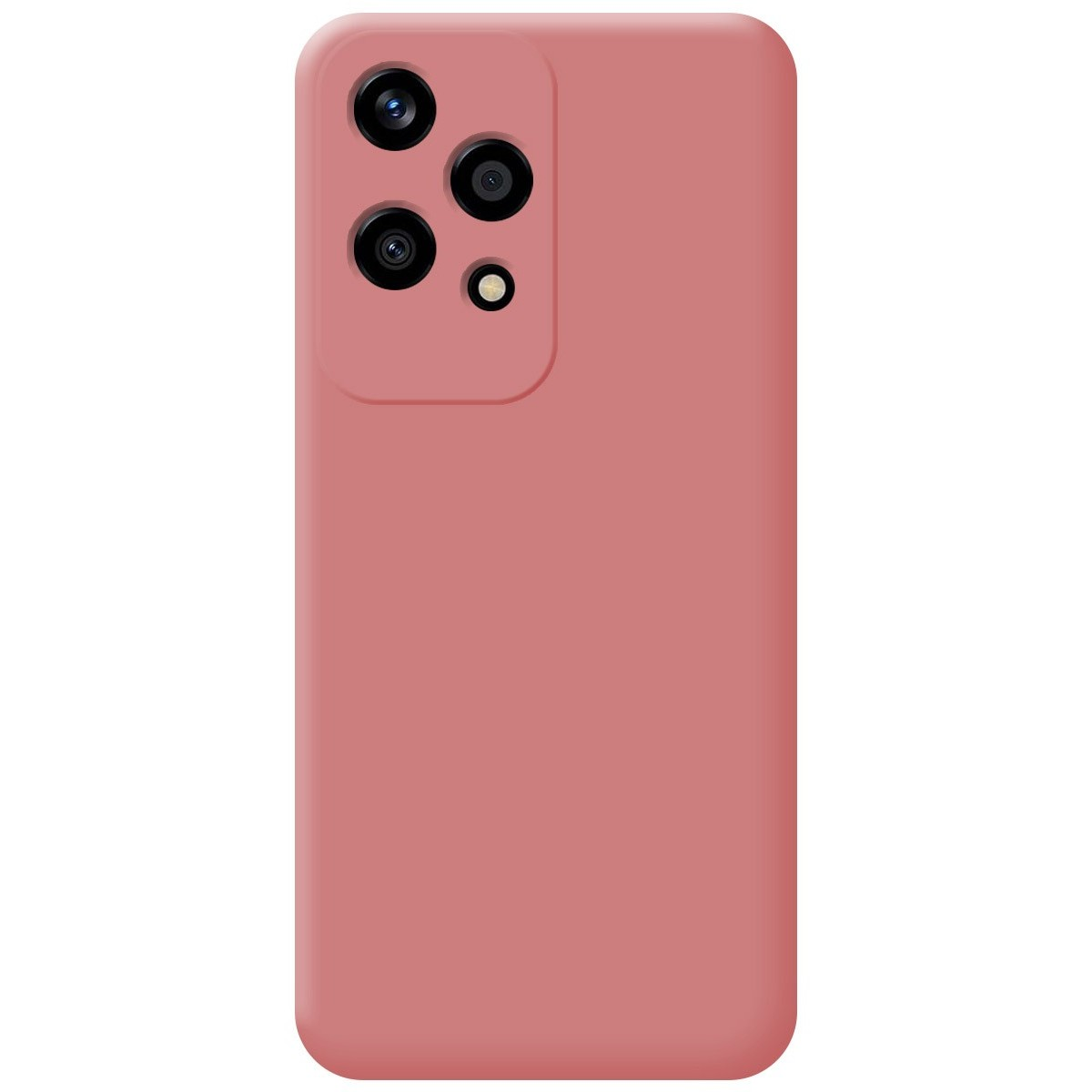 Custodia rosa con modulo fotocamera. La custodia è rosa chiaro uniforme.