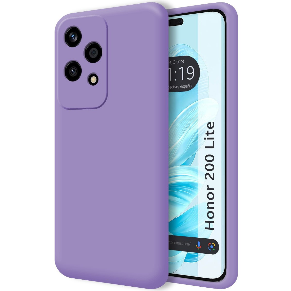 Custodia viola con telefono che mostra ora e luogo, con la scritta 'Honor 200 Lite'.