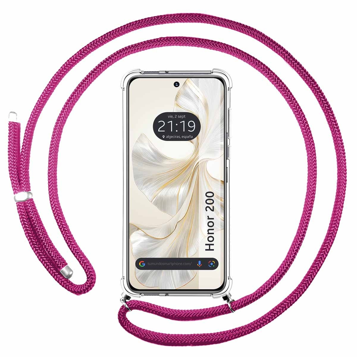 Telefono con cordino rosa. Il telefono mostra l'ora e la data. Il telefono è un Honor 200.