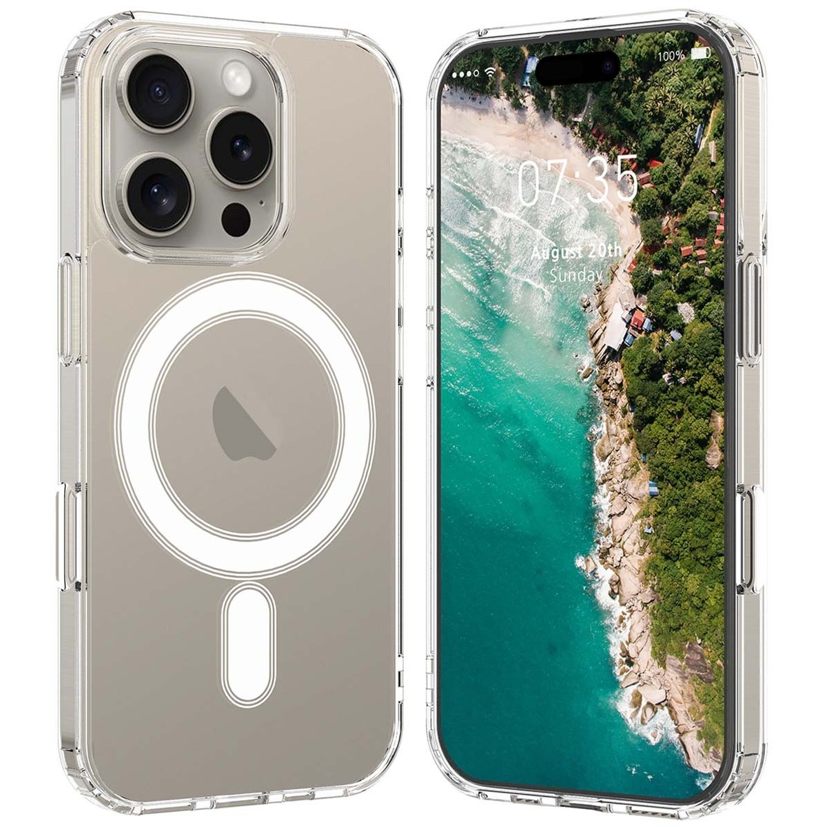 Una custodia trasparente per telefono con un cerchio bianco è su un telefono. Una scena di spiaggia è visualizzata sullo schermo.