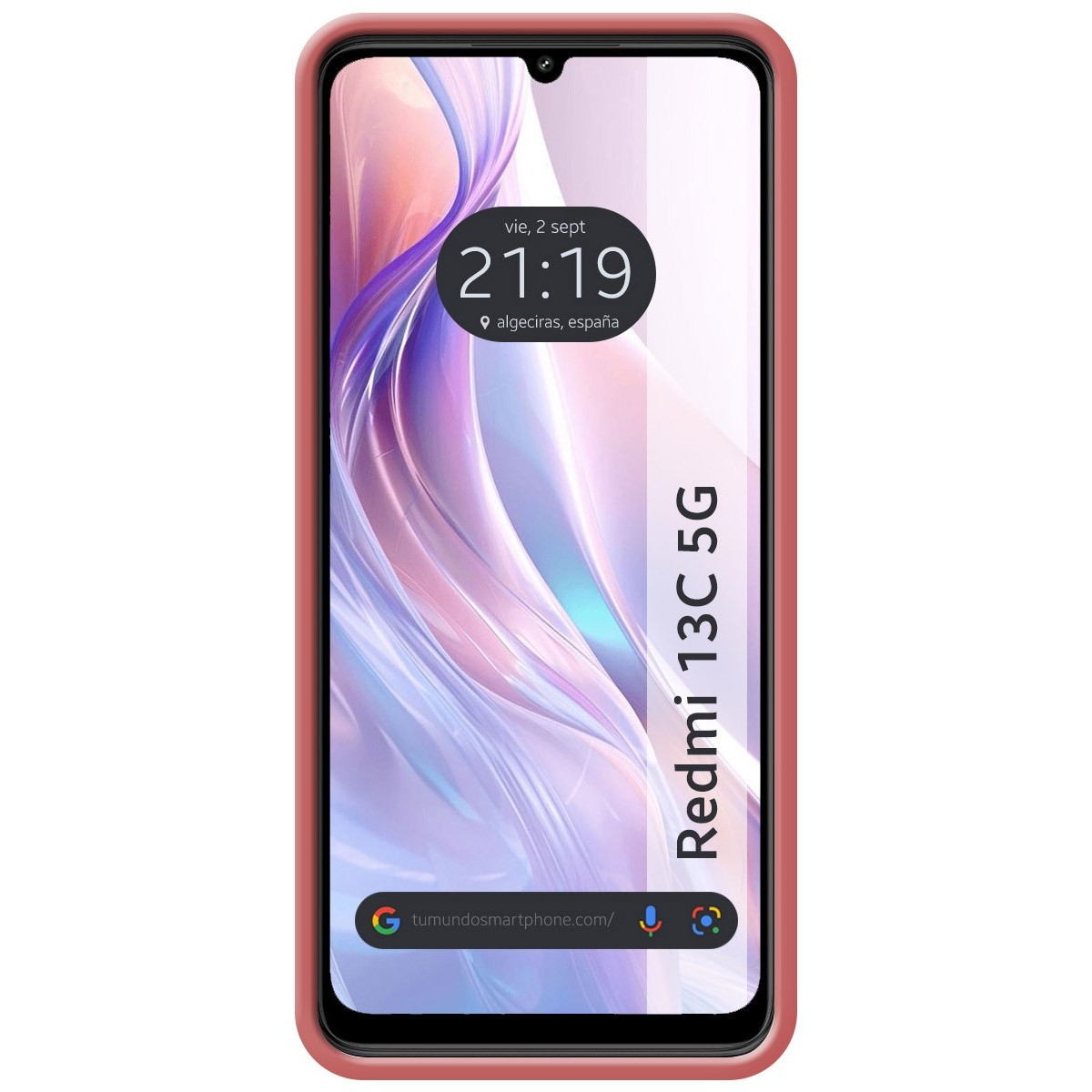 Telefono Redmi 13C 5G con cornice rosa, mostra ora e luogo sullo schermo.