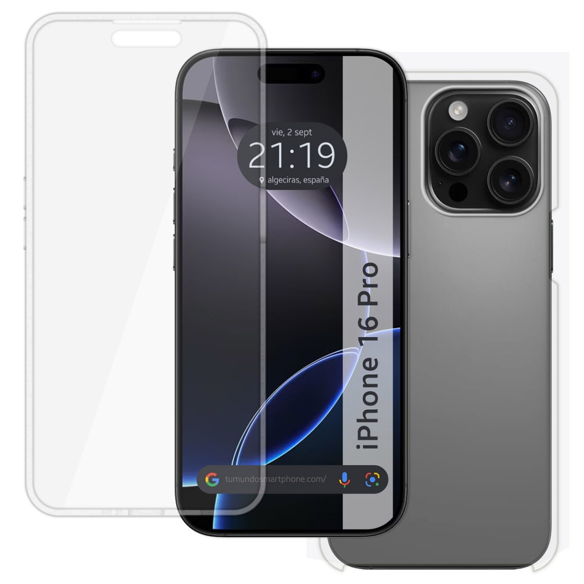 iPhone 16 Pro con protezione schermo e custodia. Lo schermo del telefono è visibile.